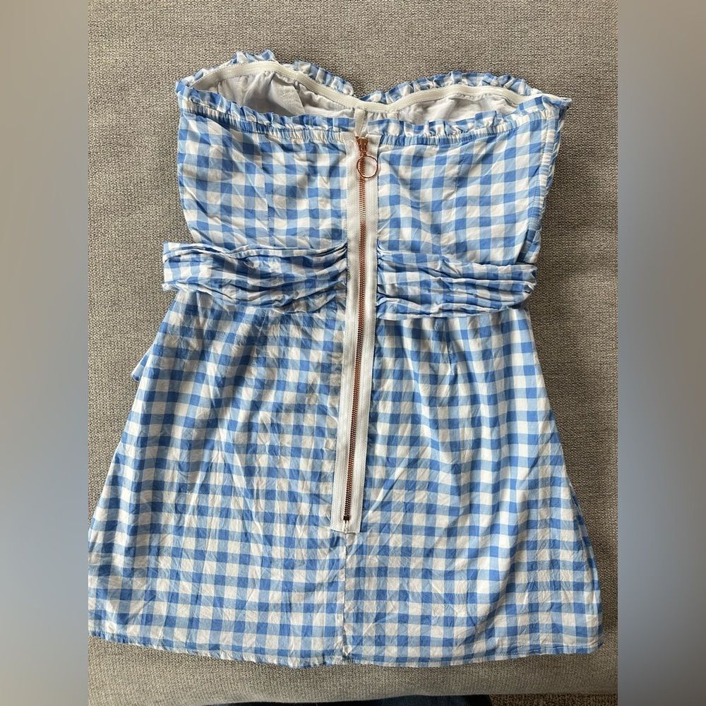 For Love and Lemons Dixie Mini Dress Strapless Sweetheart Neckline Blue Gingham - Picture 8 of 9
